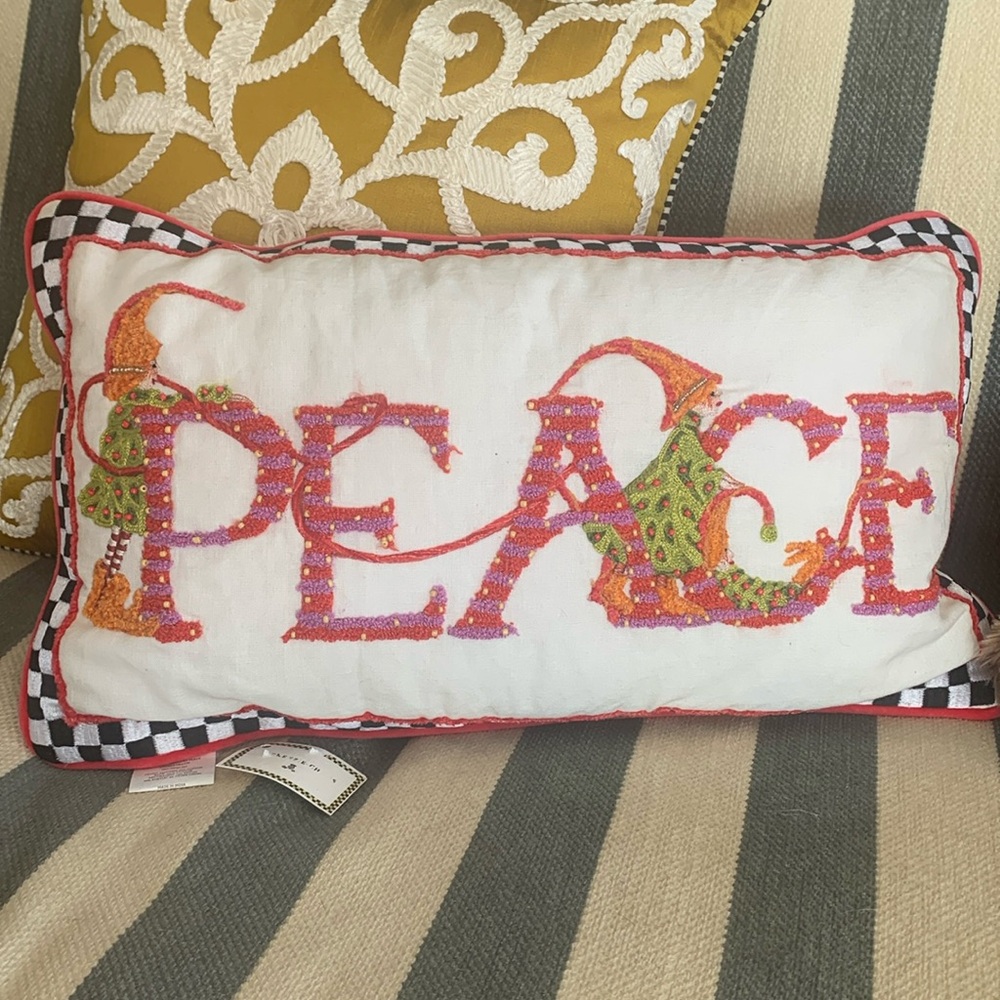 Mac-Kenzie Childs Patience Brewster PEACE lumbar pillow.